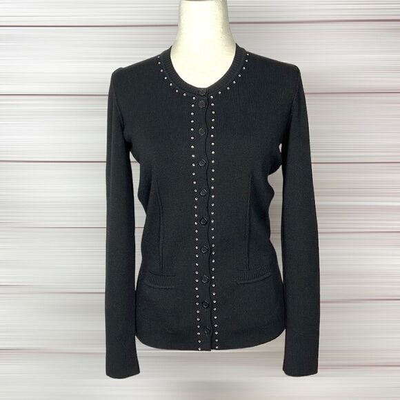 NWOT SONIA RYKIEL Paris Wool Black Rhinestone Trim Button Down Knit Cardigan - Picture 1 of 14